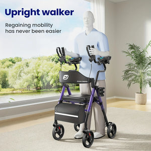 All-Terrain Upright Rollator Walker for Seniors with Padded Seat, Armrests & Storage Bag