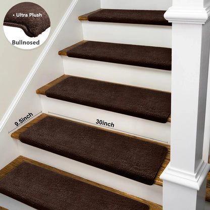 Non-Slip Bullnose Stair Treads, Ultra-Plush Washable Self-Adhesive Carpet Mats for Indoor Steps & Senior Home Safety