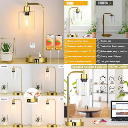 Industrial Table Lamp with Glass Shade, Stepless Dimming, USB-A and USB-C Charging Ports, AC Outlet, Bedside Nightstand Lamp