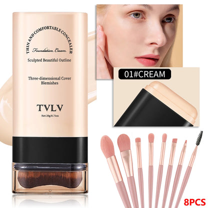 2-in-1 Foundation & Concealer Stick with Built-In Brush and 8-Piece Makeup Brush Set, Lightweight Coverage