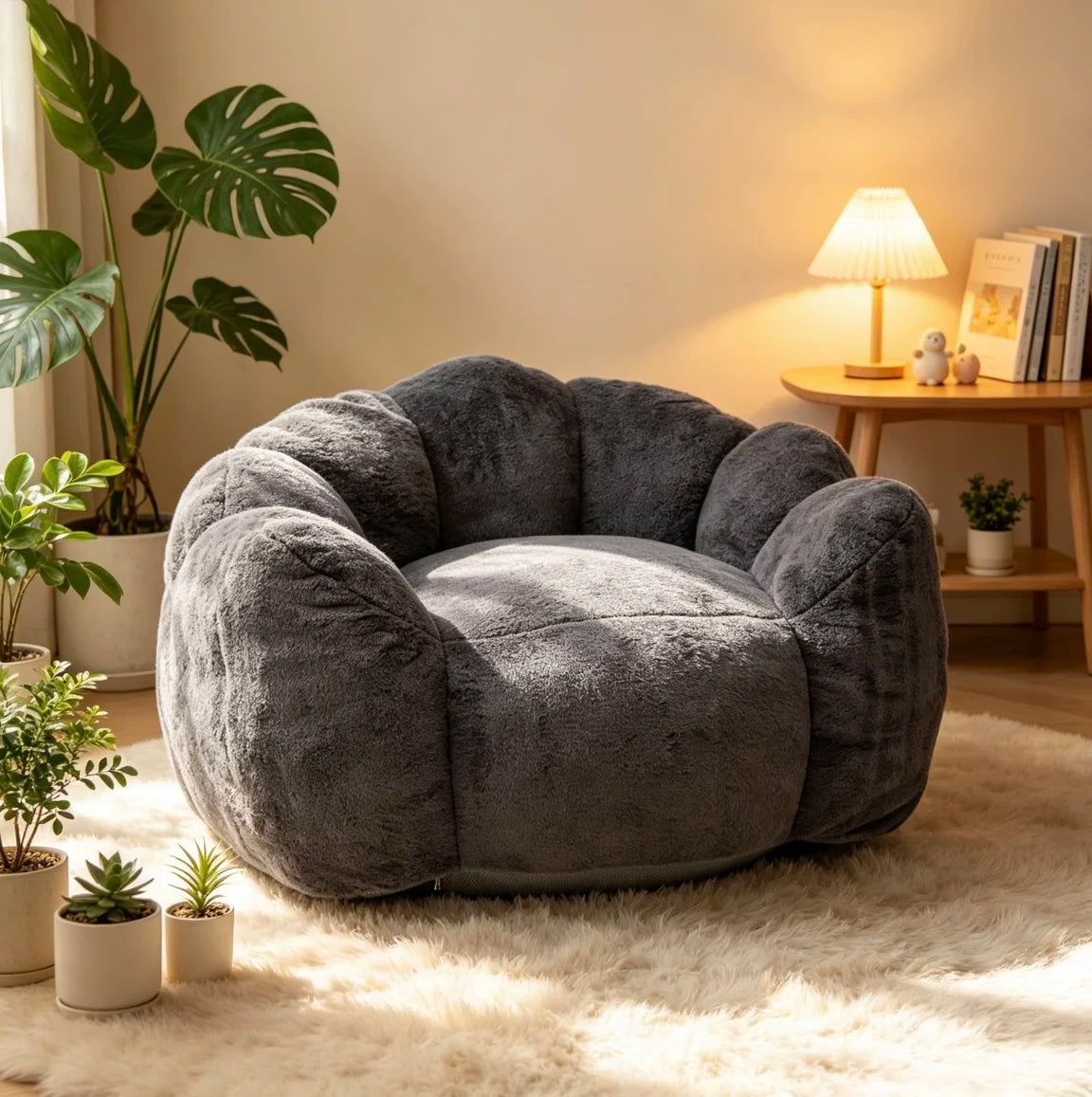 Large Petal Cloud Lounge Chair – Faux Rabbit Fur Upholstered Cozy Wrap-Arm Accent Sofa for Bedroom, Living Room & Gaming