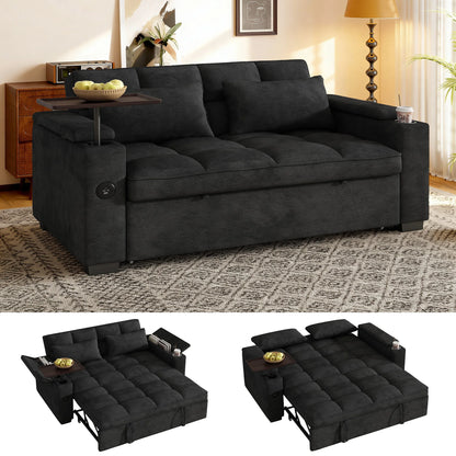 65-Inch 3-in-1 Convertible Sofa Bed – Pull-Out Sleeper Couch with 360° Swivel Side Table & USB Charging, Black