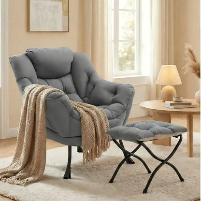 Modern Lounge Chair with Foldable Ottoman – Oversized Cushioned Reading Armchair with Footrest & Side Pocket