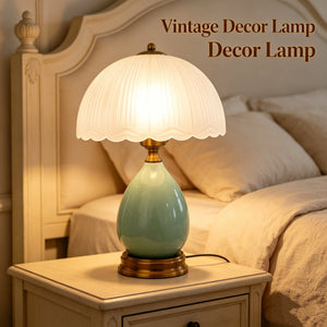 Vintage Green Crackle Ceramic Table Lamp with Pleated Scalloped Frosted Glass Shade and Antique Gold-Tone Metal Base