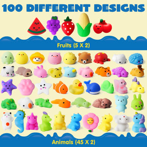 100-Pack Mini Animal & Fruit Mochi Squishy Toys, Sensory Fidget Party Favors for Kids