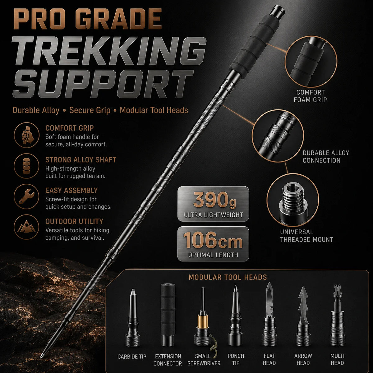 Adjustable Aluminum Alloy Trekking Pole – Multifunctional Hiking Walking Stick with EVA Grip & Interchangeable Tips