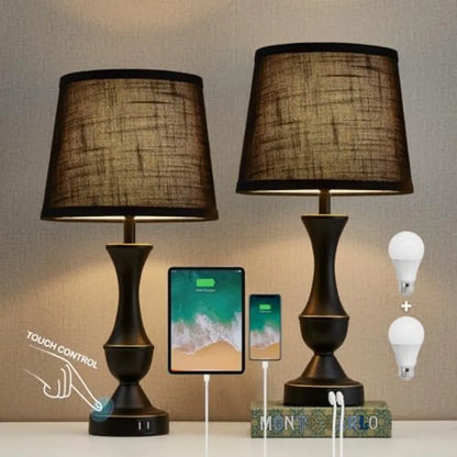 Tall Touch Table Lamps with USB-A and USB-C Charging Ports, Bedside Nightstand Lighting for Bedroom, Living Room and Office