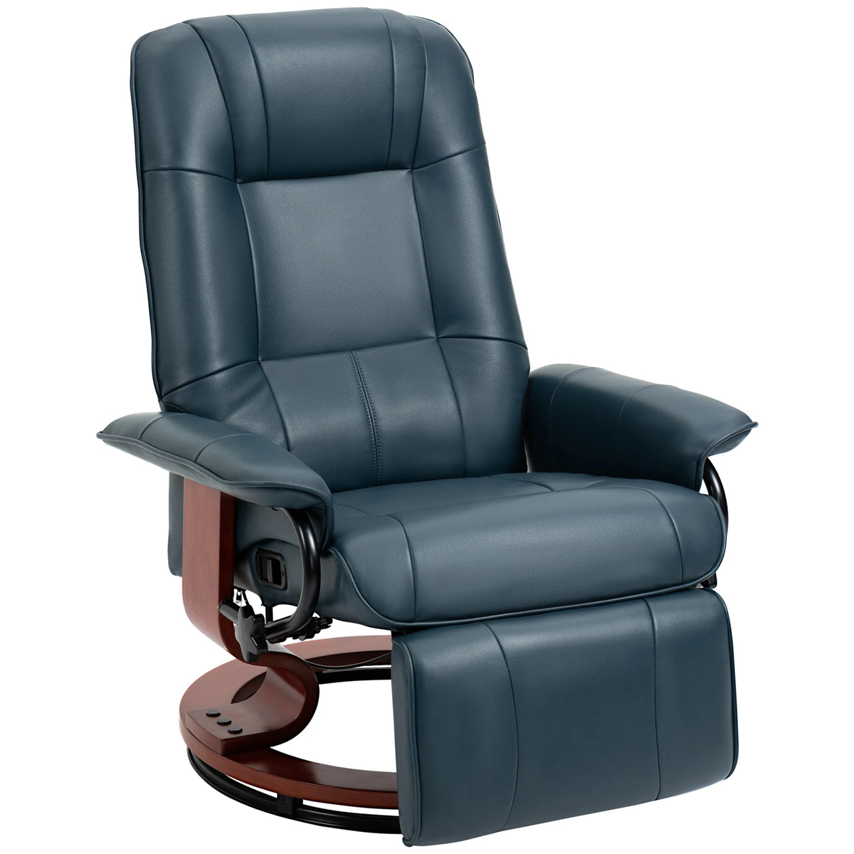 Swivel Recliner Chair with Retractable Footrest – Air Leather Armchair with Adjustable High Back & Wood Base, Blue