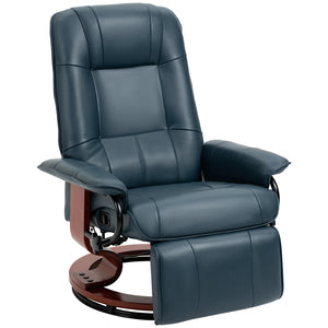 Swivel Recliner Chair with Retractable Footrest – Air Leather Armchair with Adjustable High Back & Wood Base, Blue
