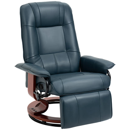 Swivel Recliner Chair with Retractable Footrest – Air Leather Armchair with Adjustable High Back & Wood Base, Blue