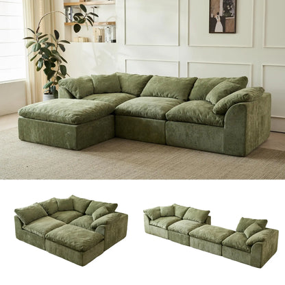 Modern L-Shaped Cloud Sectional Sofa with Ottoman – Oversized 3-Seater Deep Seat Chenille Modular Couch, Green