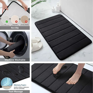 Black Memory Foam Bathroom Mat, Soft Thick Absorbent Bath Rug with Non-Slip Backing, Quick Dry Machine Washable