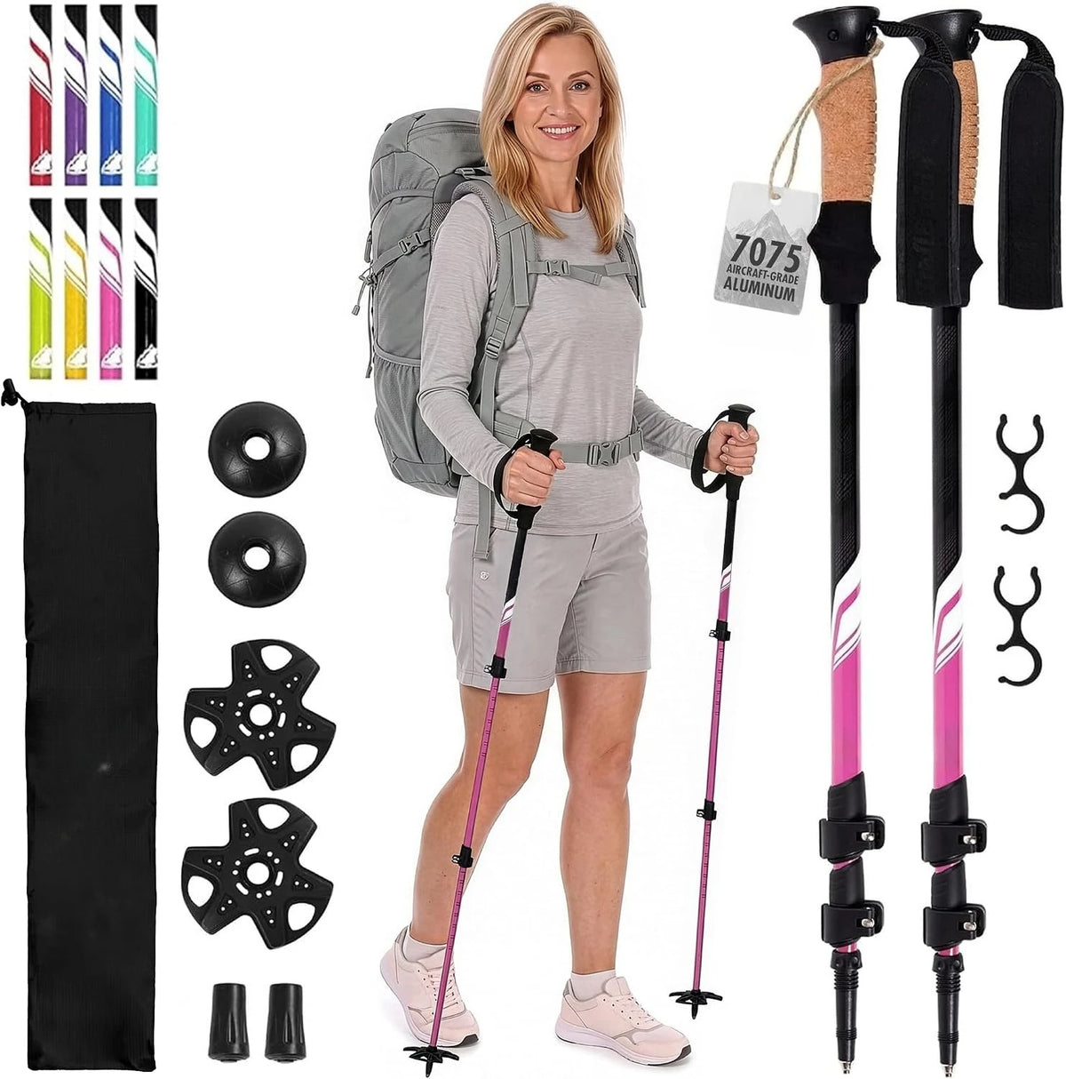 7075 Aluminum Trekking Poles – Adjustable Lightweight Hiking & Walking Sticks with Cork Handles, 2-Pack