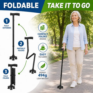 Adjustable Foldable Walking Cane with 360° Pivot Base – Lightweight Self-Standing Mobility Aid
