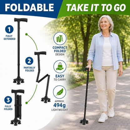 Adjustable Foldable Walking Cane with 360° Pivot Base – Lightweight Self-Standing Mobility Aid