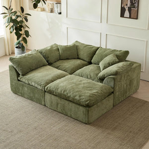 Modern L-Shaped Cloud Sectional Sofa with Ottoman – Oversized 3-Seater Deep Seat Chenille Modular Couch, Green