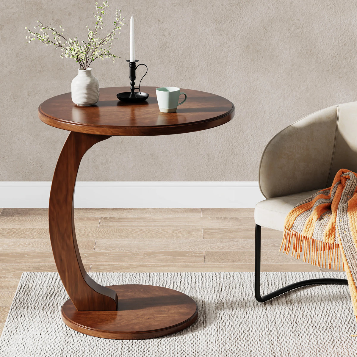 Round C-Shaped Side Table with Wood Top, Mid-Century Modern Sofa End Table for Living Room & Bedroom