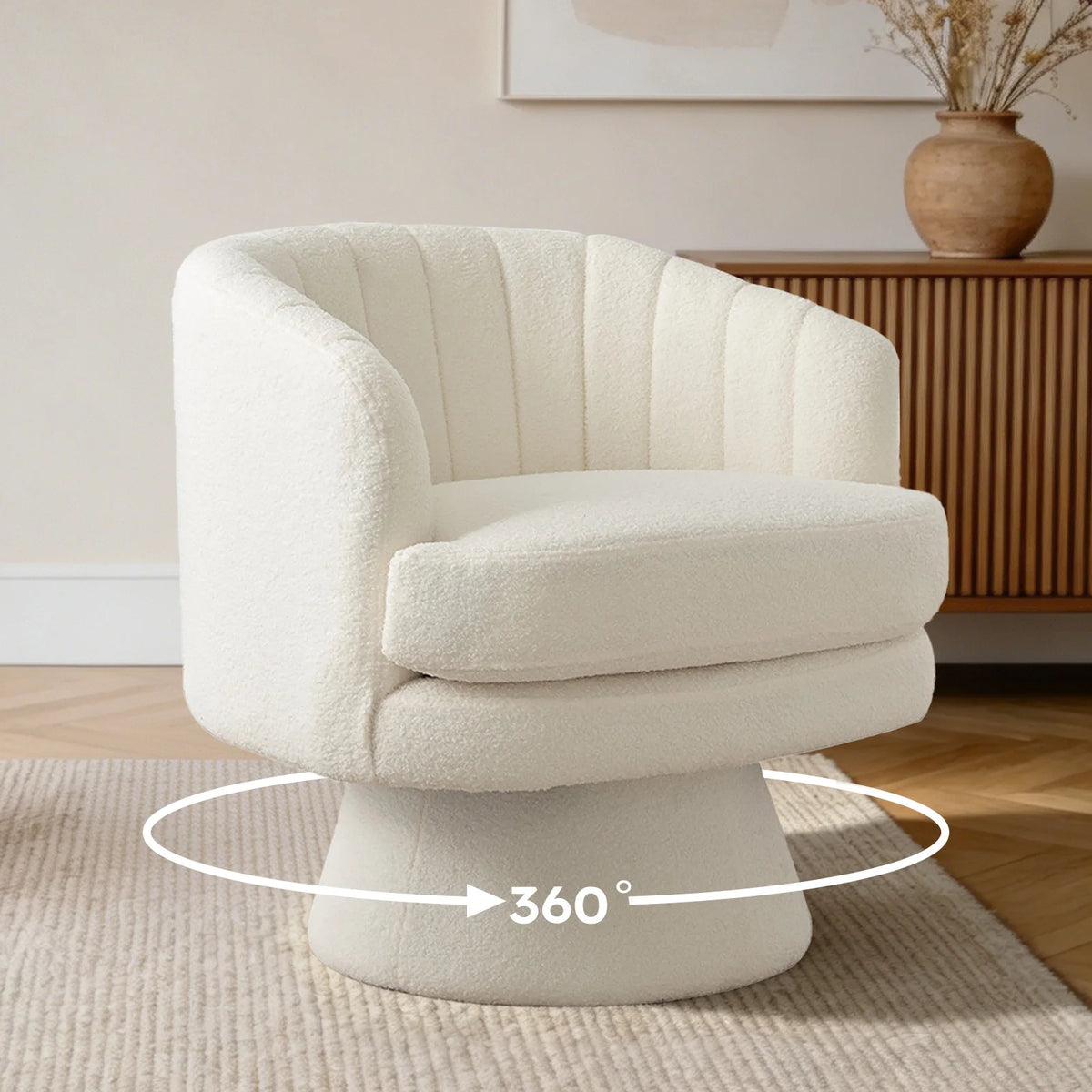 360° Swivel Barrel Accent Chair with Armrests – Modern Curved Back Upholstered Lounge Chair for Living Room & Bedroom