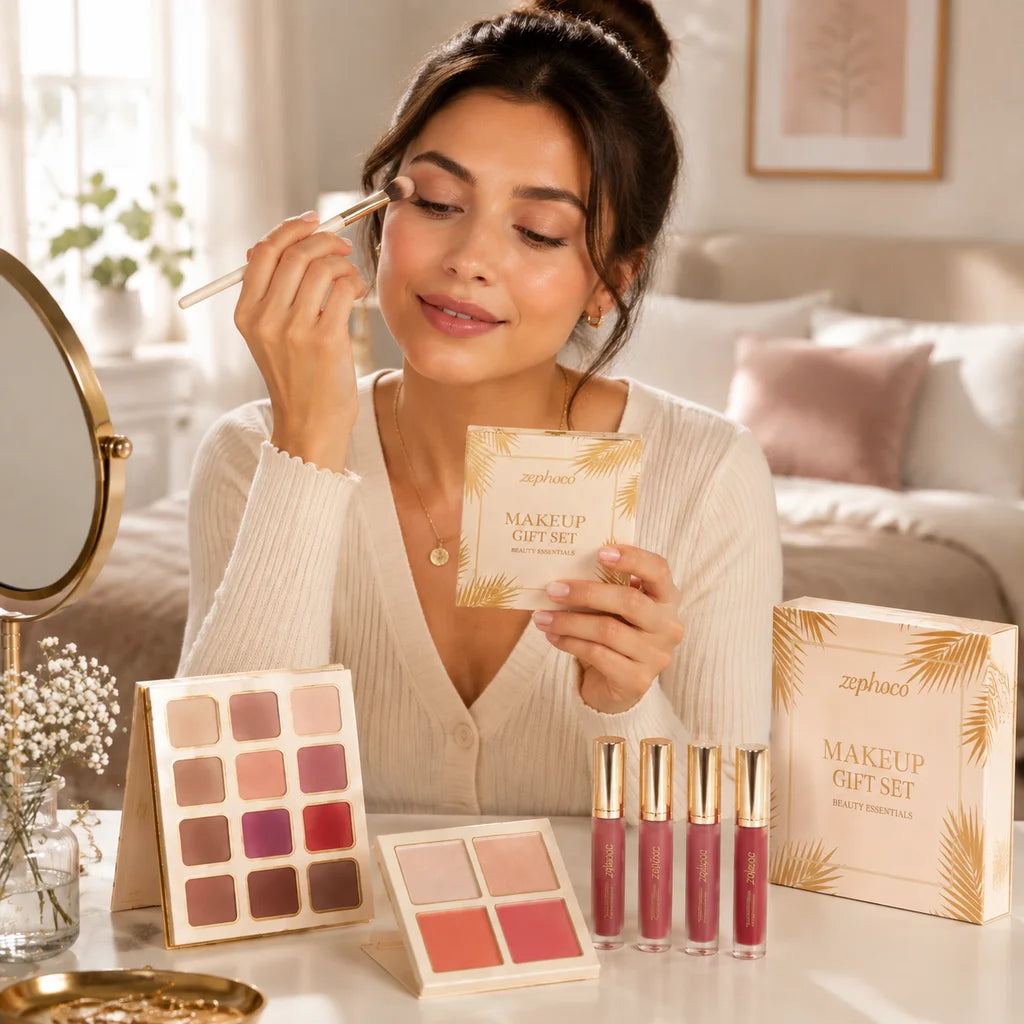 Foldable All-in-One Makeup Palette with Eyeshadow, Blush, Lipstick & Shimmer Highlighter, Travel Set