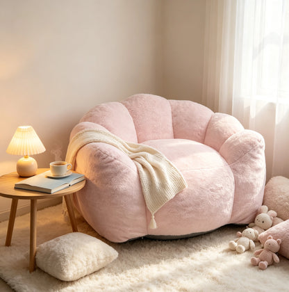 Large Petal Cloud Lounge Chair – Faux Rabbit Fur Upholstered Cozy Wrap-Arm Accent Sofa for Bedroom, Living Room & Gaming
