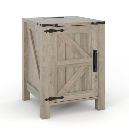 18" Rustic Farmhouse Nightstand with Charging Station – Barn Door Bedside Table with Adjustable Shelf & Storage