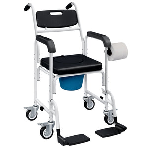 4-in-1 Rolling Shower Commode Chair with Wheels – Portable Bath & Toilet Chair for Seniors and Adults, Black