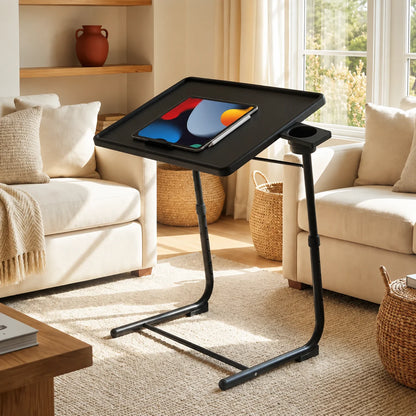 Adjustable Folding TV Tray Table – 28"H, 6 Height & 3 Tilt Positions, Portable Laptop Bed Table with Cup Holder, 1 or 2 Pack