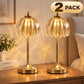 Vintage Glass Table Lamp with Green Pleated Shade, Gold-Tone Finish, Rechargeable LED, 3 Light Modes and Touch Control