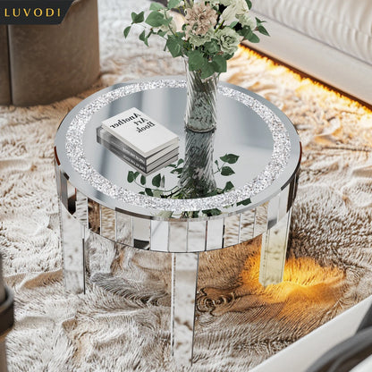 Round Mirrored Side Table with Crystal Diamond Inlay, Luxury Accent Table for Living Room & Bedroom