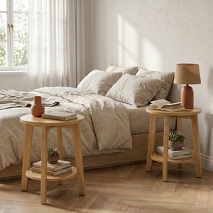 Round Wood Side Table with 2-Tier Storage Shelf, Coffee End Table for Living Room & Bedroom