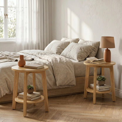 Round Wood Side Table with 2-Tier Storage Shelf, Coffee End Table for Living Room & Bedroom