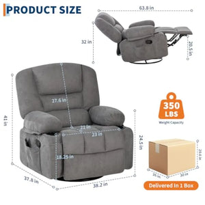 Oversized 360° Swivel Glider Recliner Chair with Massage & Heat – Wide Chenille Manual Recliner with Vibration Massage