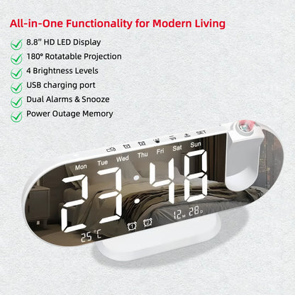 180° Rotating LED Projection Alarm Clock with Large Display, Dual Alarms, Dimmer, Ceiling Projector & USB Charging