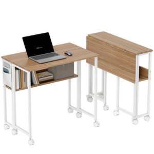 31.5-Inch Folding Computer Desk with Wheels, Portable Rolling Writing Table with Storage Bag & Shelf for Small Spaces and Home Office