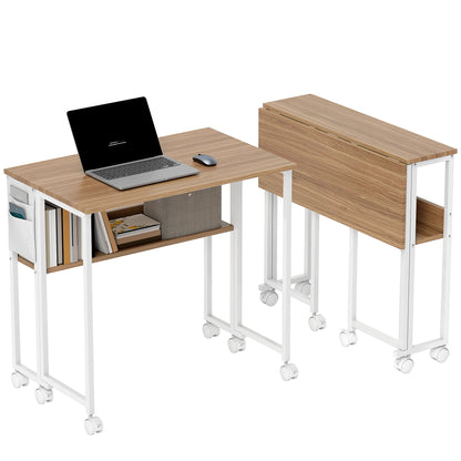 31.5-Inch Folding Computer Desk with Wheels, Portable Rolling Writing Table with Storage Bag & Shelf for Small Spaces and Home Office
