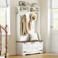 Hall Tree with Bench, Coat Rack & Shoe Cabinet, Entryway Storage Bench with Flip Drawers, Shoe Organizer, White & Walnut