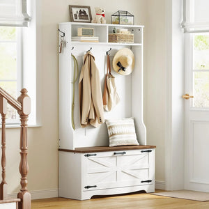 Hall Tree with Bench, Coat Rack & Shoe Cabinet, Entryway Storage Bench with Flip Drawers, Shoe Organizer, White & Walnut