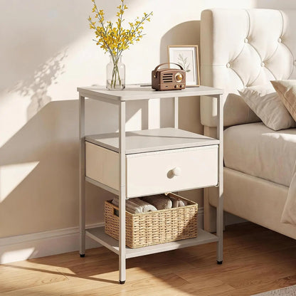 **Recommended Google Shopping Title:**

3-Tier Nightstand with Charging Station & Fabric Drawer, Steel Frame Bedside Table with Open Storage Shelves for Bedroom & Living Room