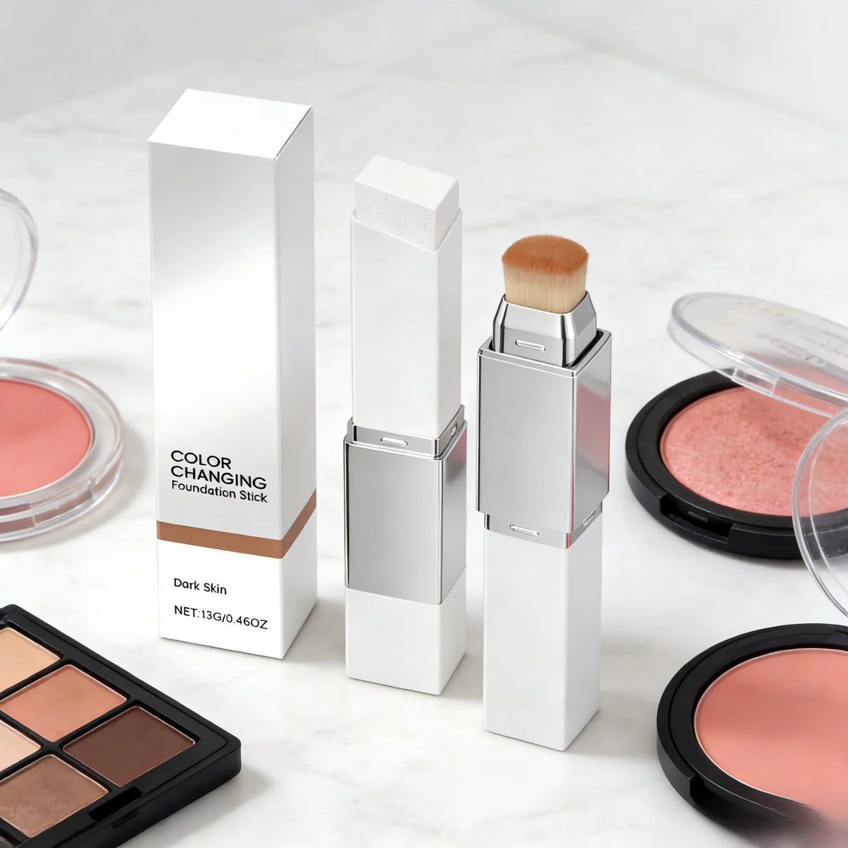 2-in-1 Color-Changing Foundation & Concealer Stick with Makeup Brush, Full Coverage Waterproof Formula