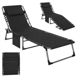Outdoor Folding Chaise Lounge Chair – Adjustable Padded Recliner with Storage Pocket for Patio, Pool & Beach, Black