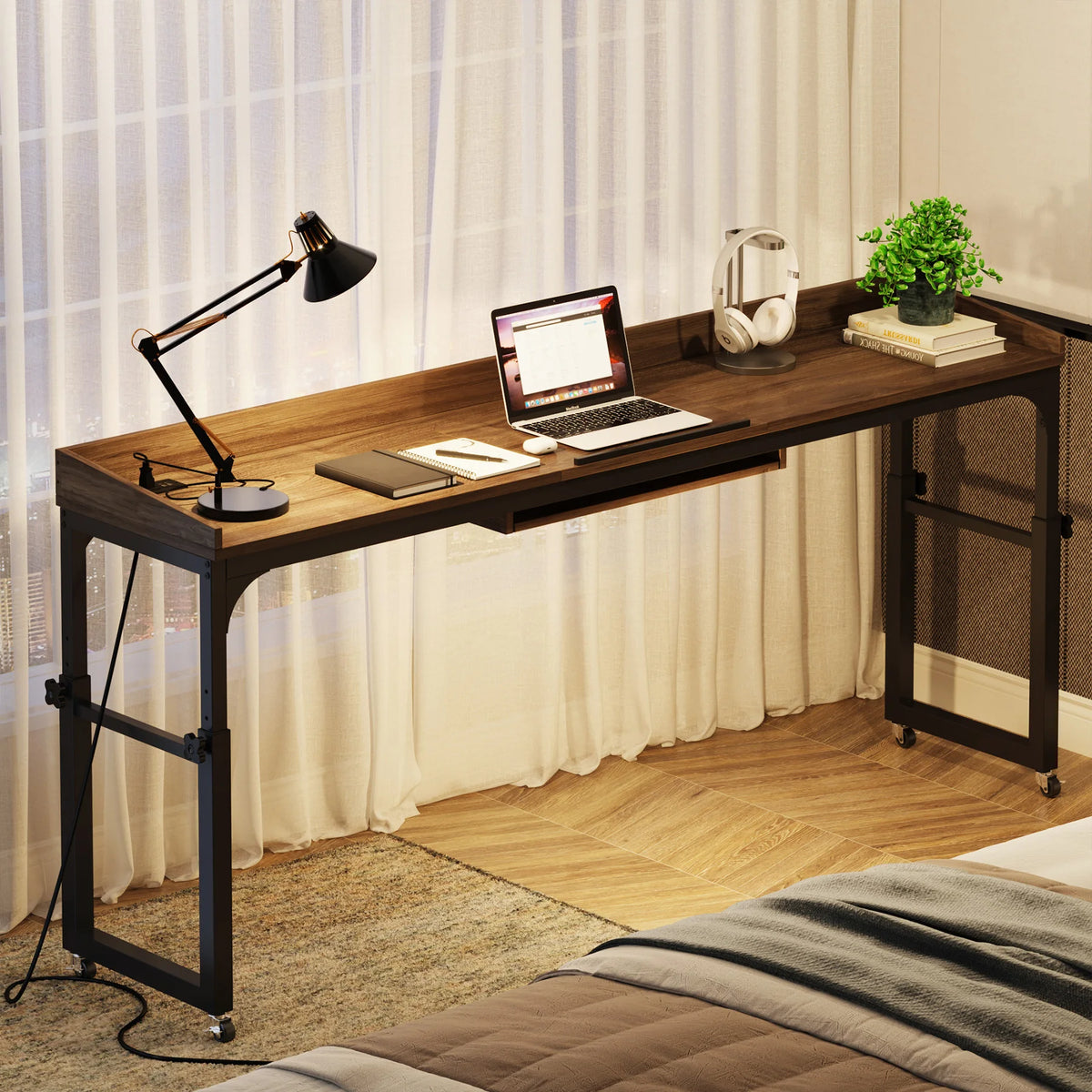 Queen Size Overbed Table with Wheels, Adjustable Tilt Stand, Mobile Laptop Computer Desk for Bedroom & Home Office
