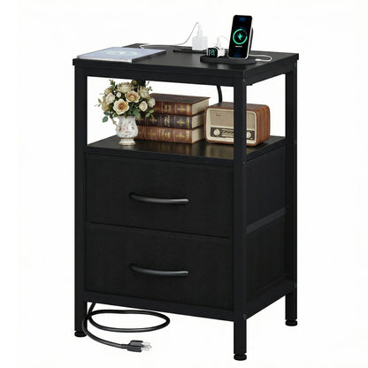 Nightstand with 2 Fabric Drawers, Open Shelf & Charging Station – Bedside End Table with USB Ports