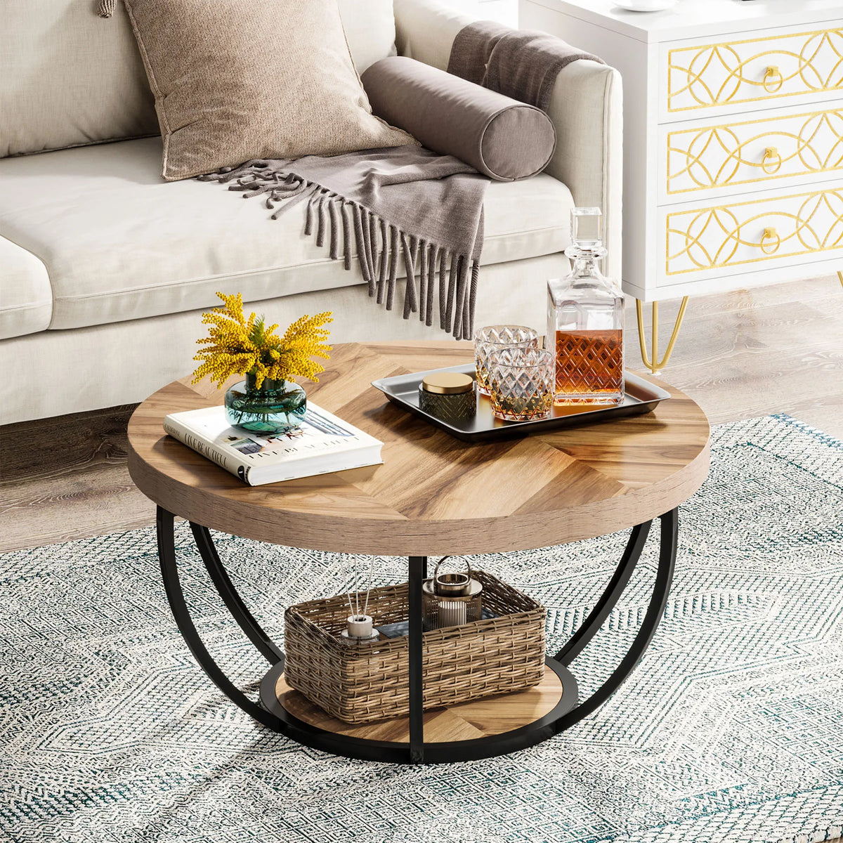 31.7" Round 2-Tier Coffee Table with Storage Shelf, Industrial Wood Center Table for Living Room