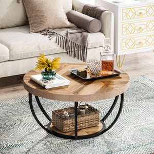 31.7" Round 2-Tier Coffee Table with Storage Shelf, Industrial Wood Center Table for Living Room