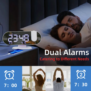 8.8-Inch LED Projection Alarm Clock with 180° Projector, Mirror Display, Dual Alarms, Snooze, Temperature & USB Charging
