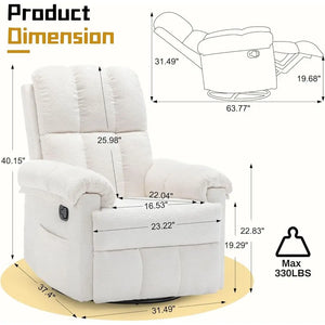 Swivel Rocker Recliner Chair, Upholstered Manual Reclining Chair with Side Pocket for Adults & Small Spaces