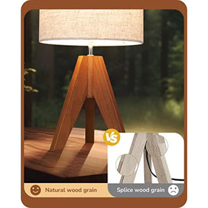 14.2-Inch Wooden Tripod Table Lamp with Linen Fabric Shade for Bedroom, Living Room and Office