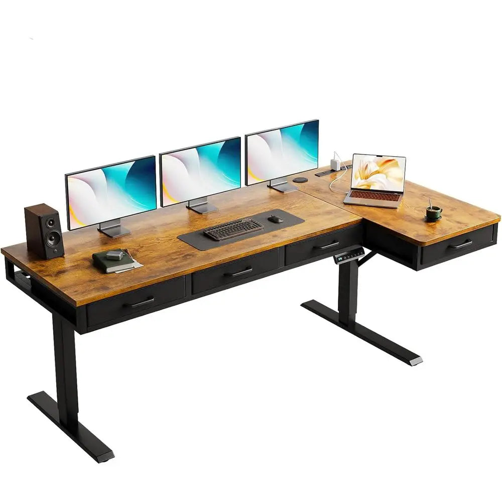 63-Inch L-Shaped Electric Standing Desk with Drawers & Power Outlets, Height Adjustable Sit-Stand Computer Desk for Home Office