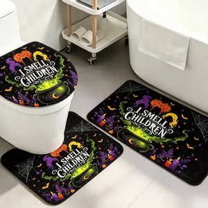 Halloween Witch Bathroom Rug Set, Non-Slip Absorbent Bath Mat with Toilet Lid Cover & U-Shaped Contour Rug, I Smell Children Print