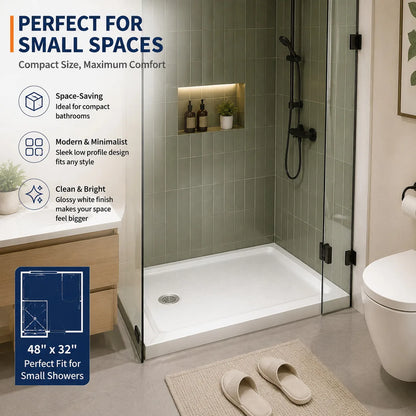 48x32 Inch Acrylic Shower Base Pan, White Non-Slip Low Profile Shower Tray with Left or Right Drain, Waterproof Flange & ABS Drain Assembly